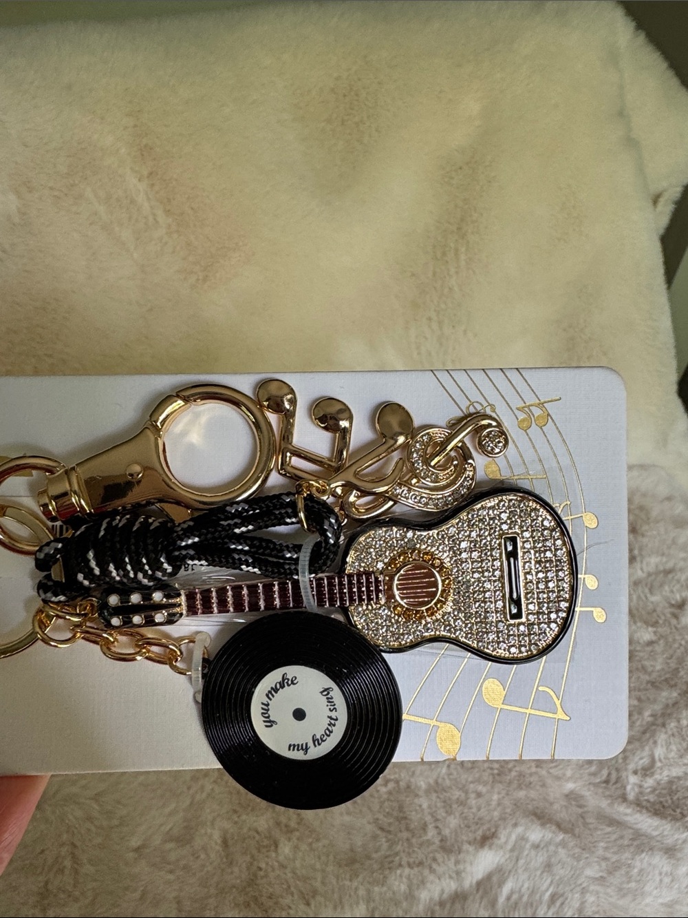 Piper Gold & Black Musical Guitar and Vinyl Bag Charm Keychain - Picture 4 of 4